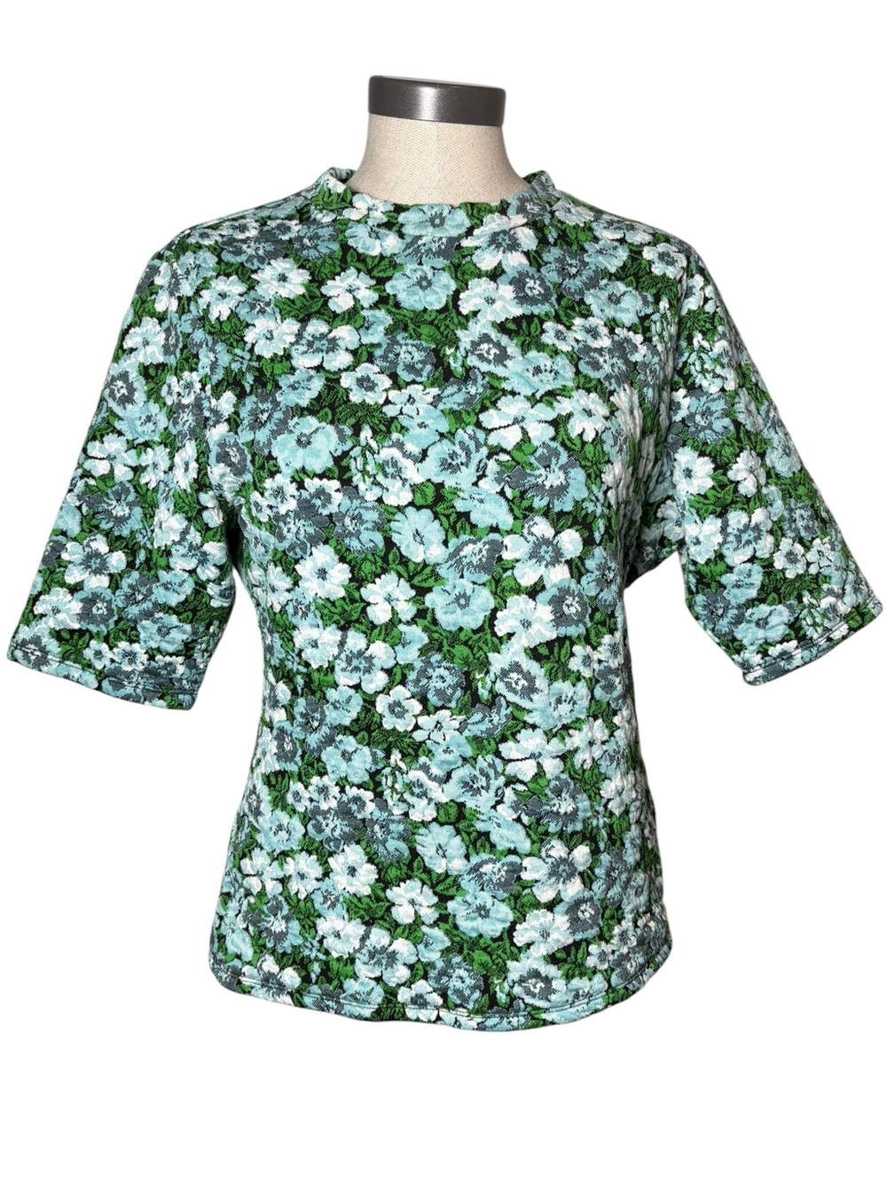 Maeve Anthropologie Floral Jacquard Mock Neck Top Blue Green Large